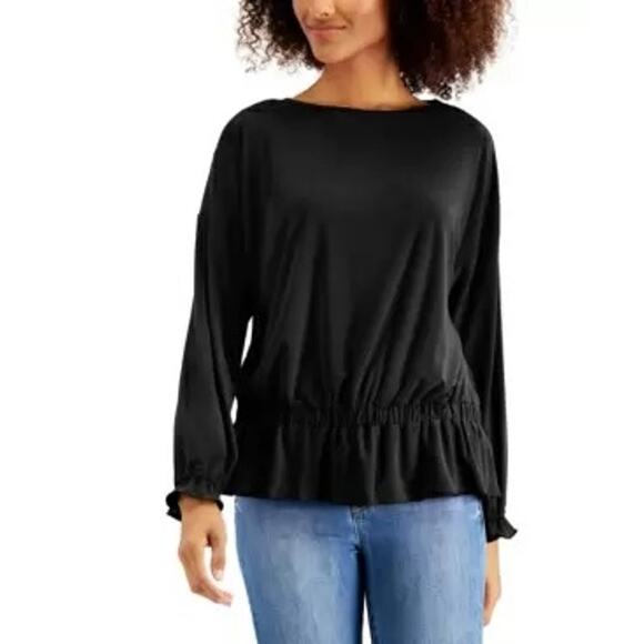 Willow Drive Blouse Medium Black Boat Neck Peplum Hem‎ Long Sleeves Ruffle Cuffs - Picture 4 of 12
